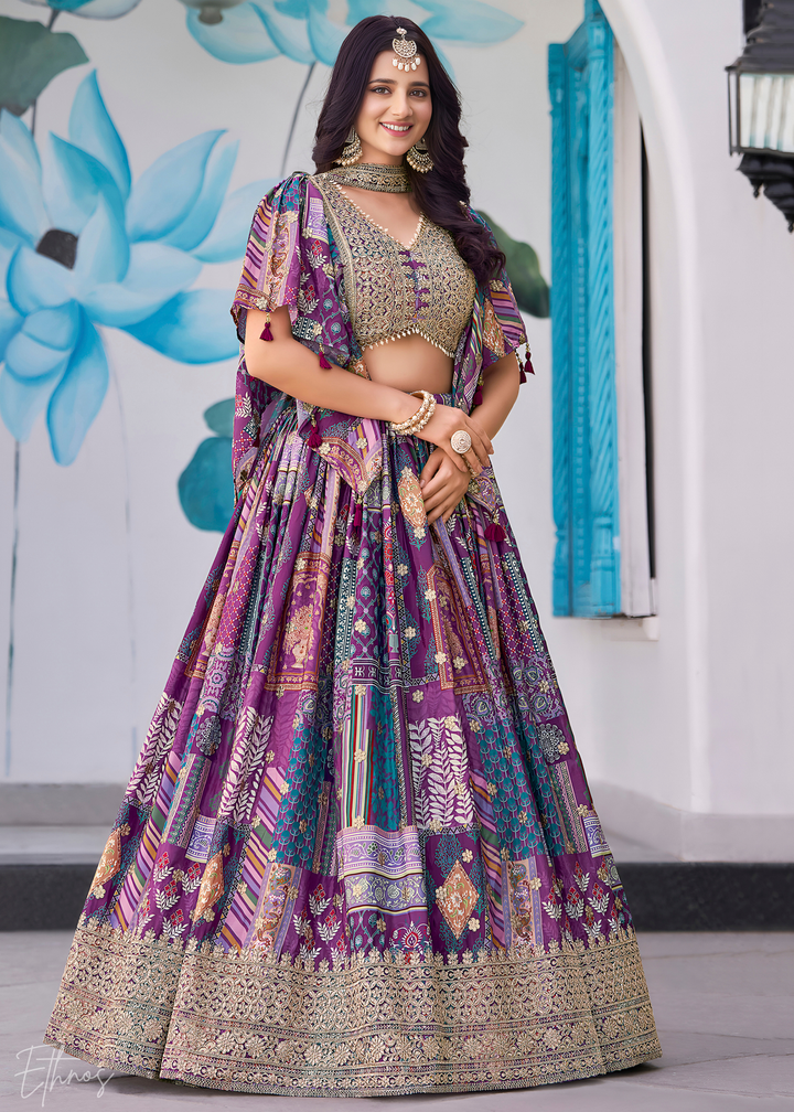Purple Printed Embroidered Chinon Silk Lehenga