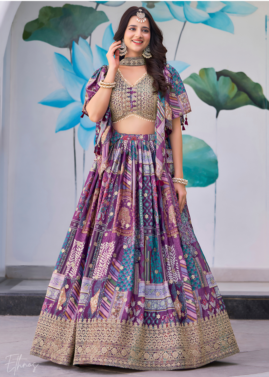Purple Printed Embroidered Chinon Silk Lehenga
