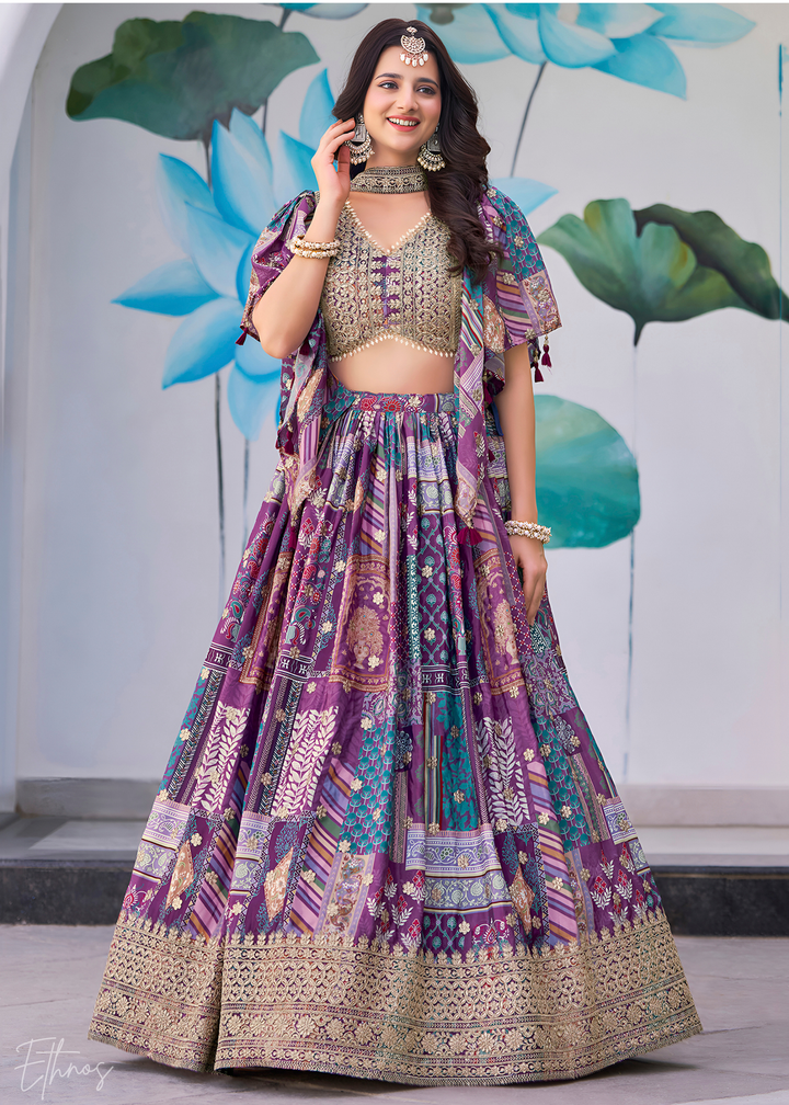 Purple Printed Embroidered Chinon Silk Lehenga