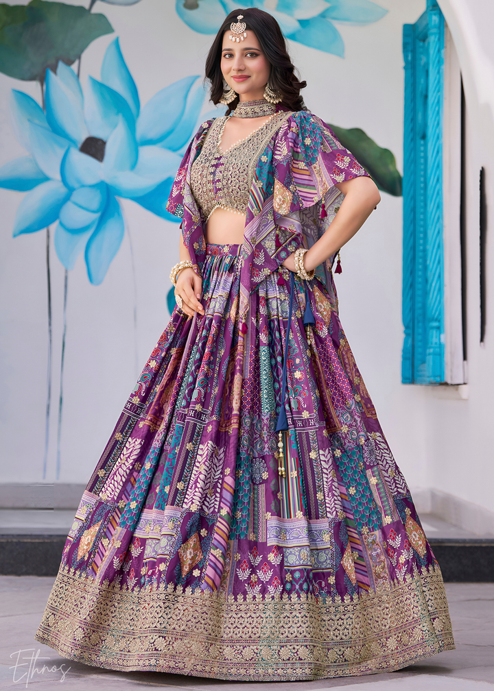 Purple Printed Embroidered Chinon Silk Lehenga
