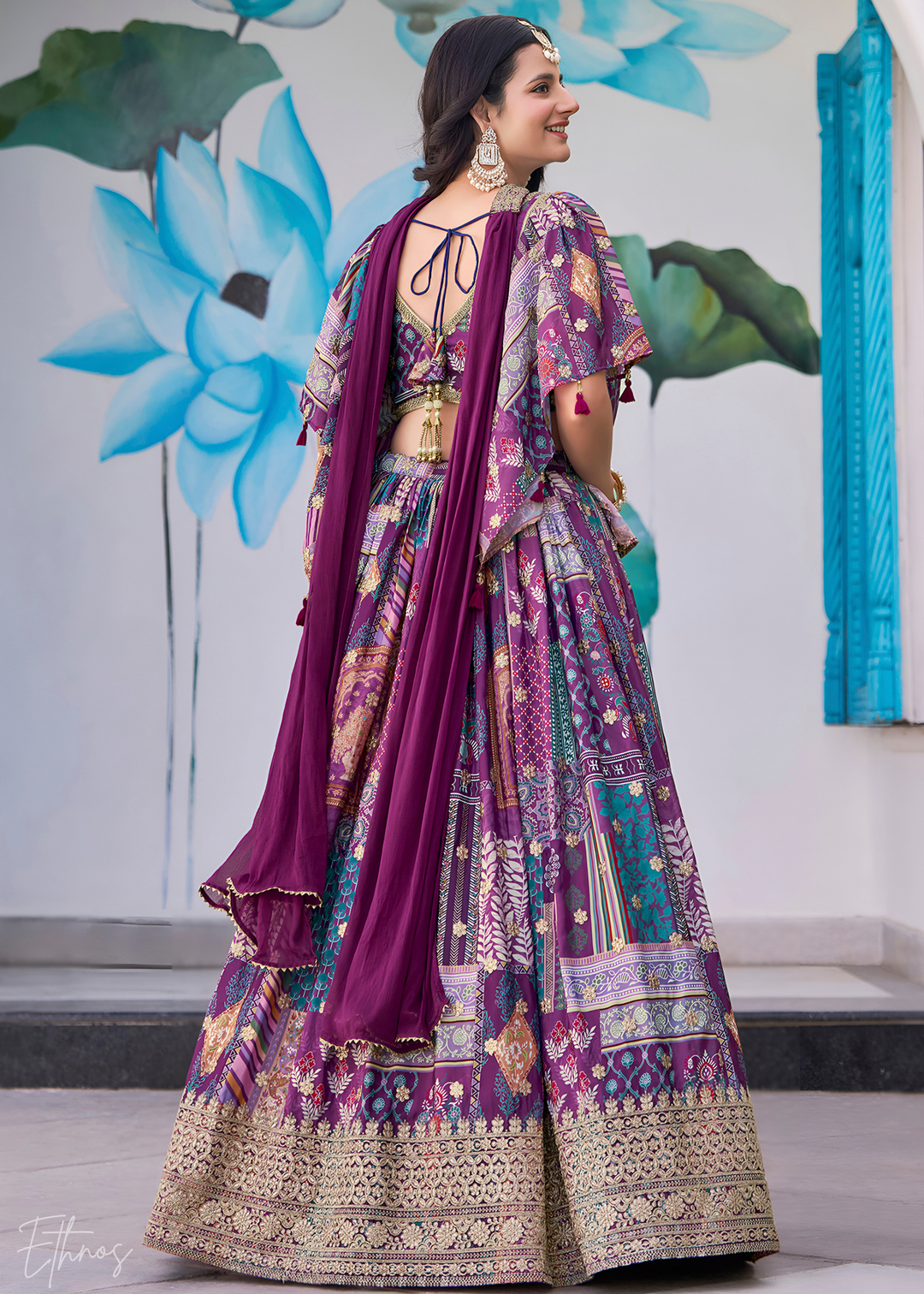 Purple Printed Embroidered Chinon Silk Lehenga