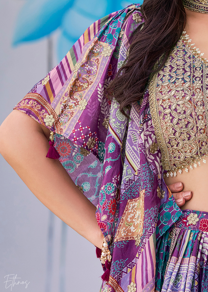 Purple Printed Embroidered Chinon Silk Lehenga