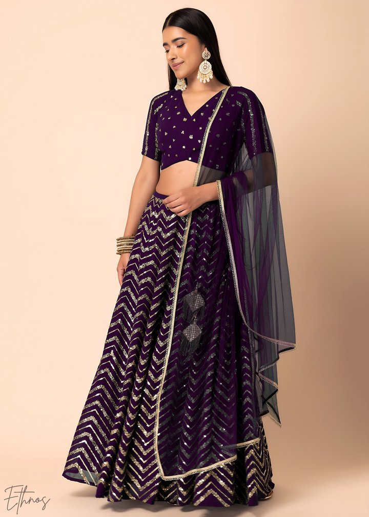 Purple Sequins Chevron Georgette Lehenga