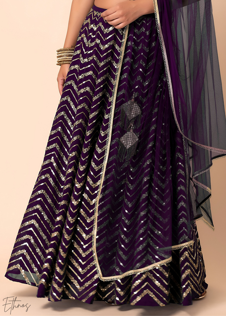 Purple Sequins Chevron Georgette Lehenga