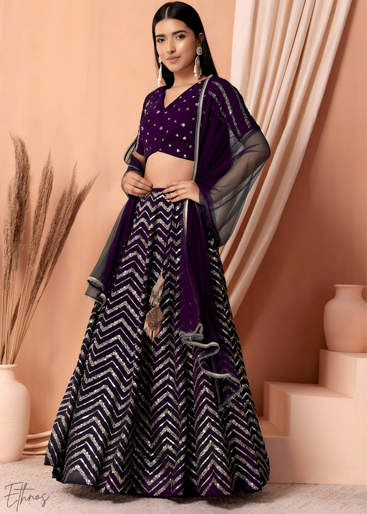 Purple Sequins Chevron Georgette Lehenga