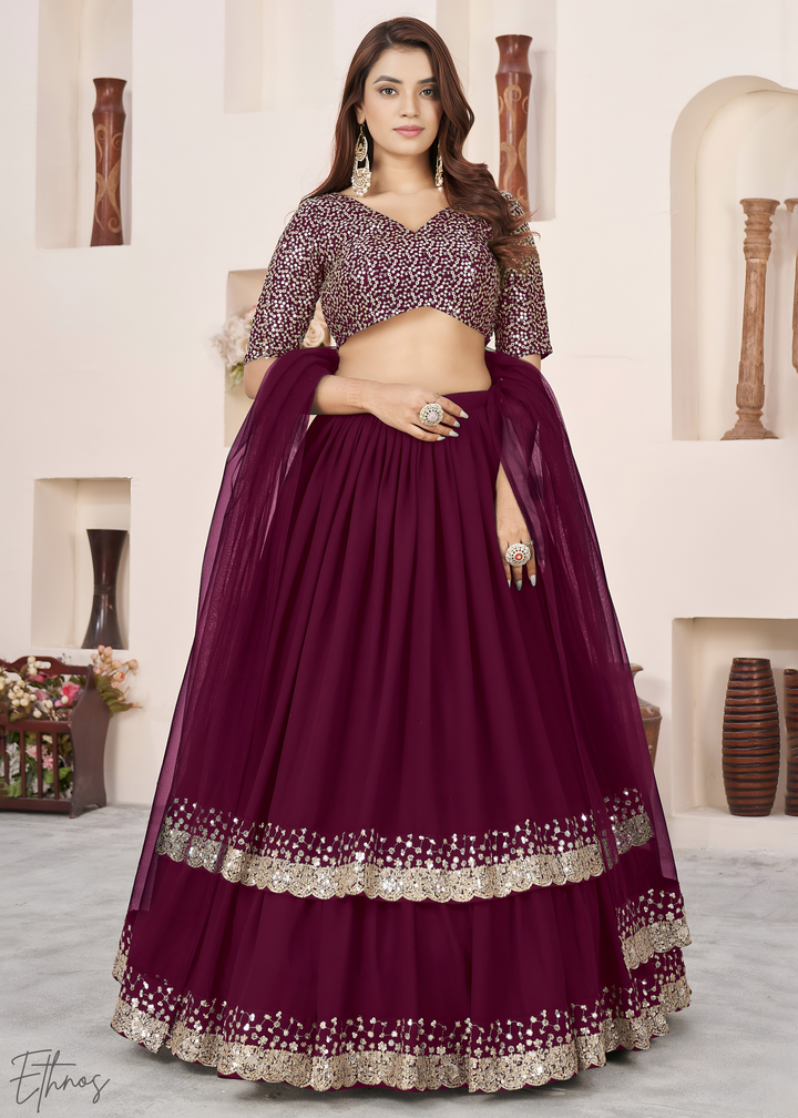 Wine Purple Sequins Georgette Lehenga