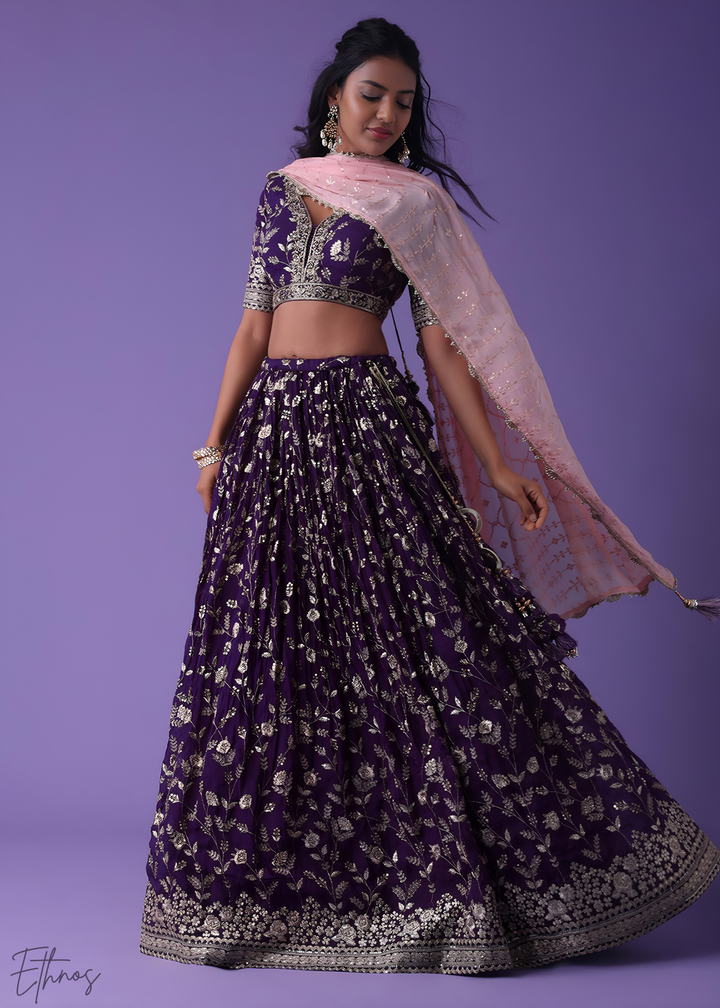 Purple Sequins Georgette Lehenga