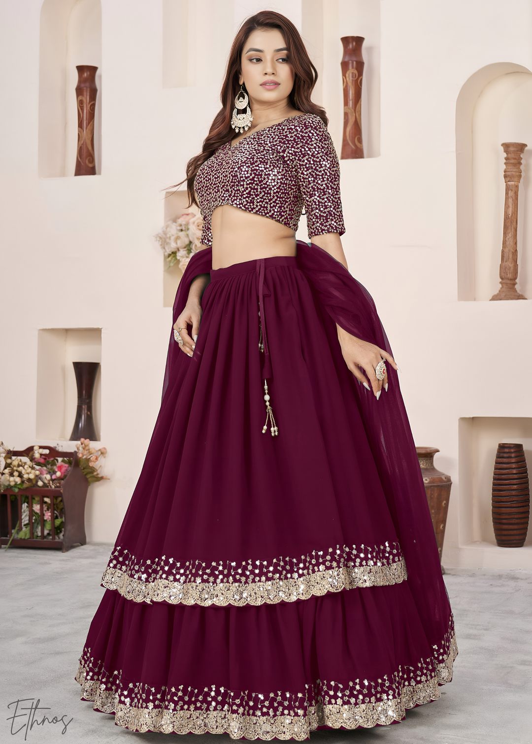 Wine Purple Sequins Georgette Lehenga