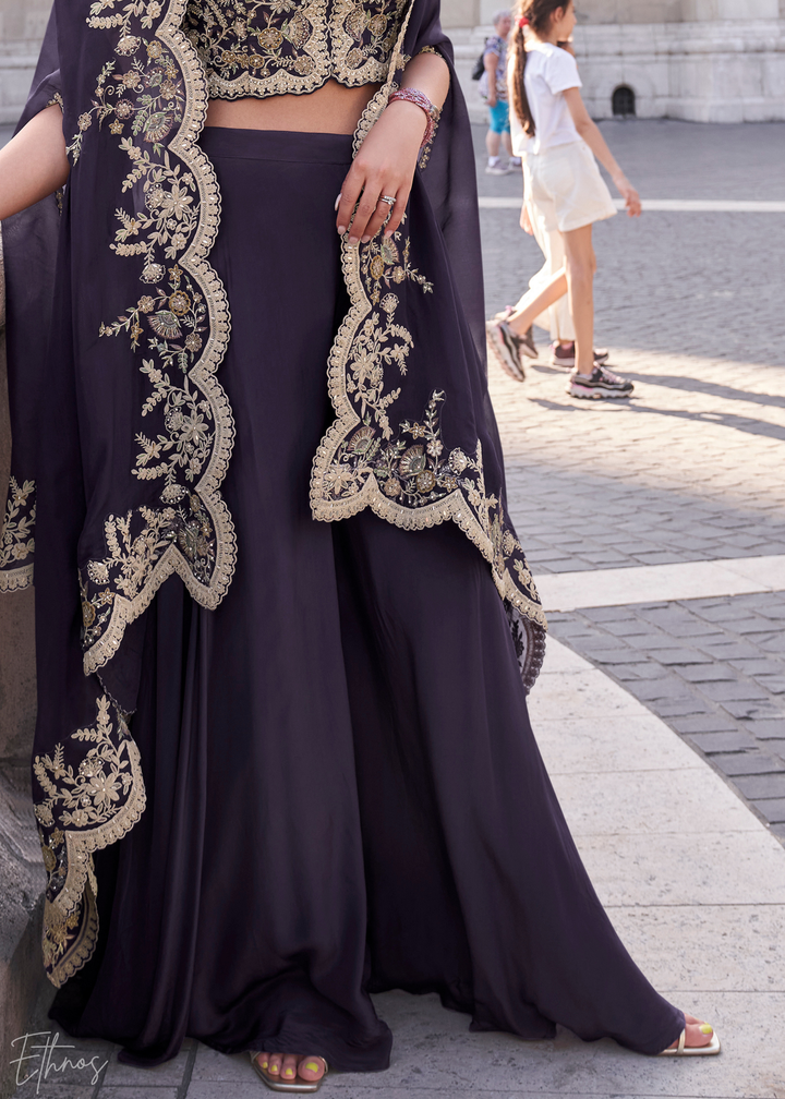 Purple Silk Shrug Choli Palazzo Suit