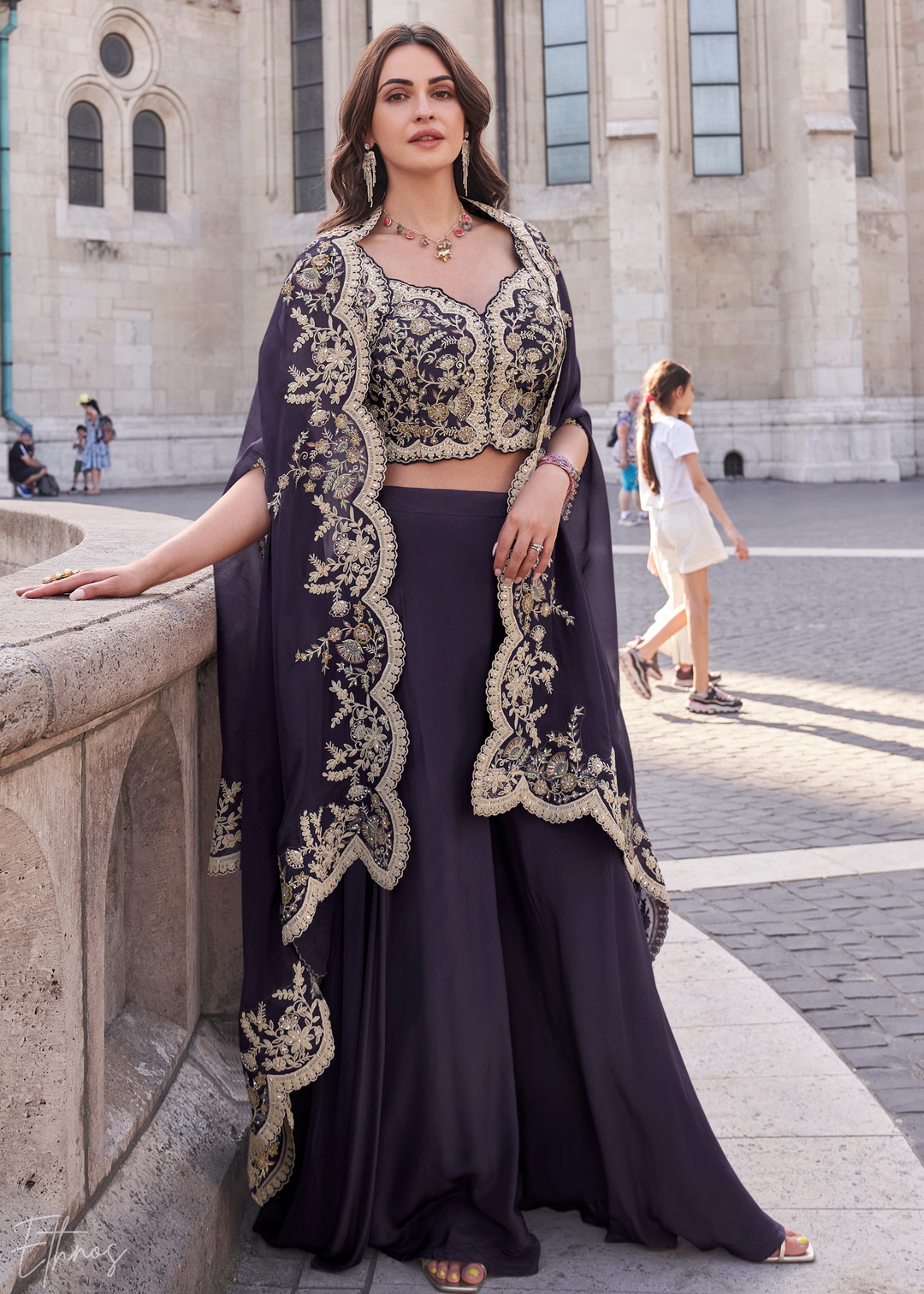 Purple Silk Shrug Choli Palazzo Suit