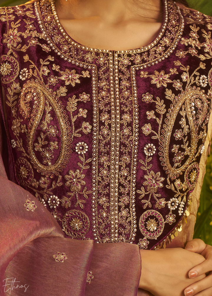 Purple Zardozi Organza Kalidar Kurta Palazzo Suit