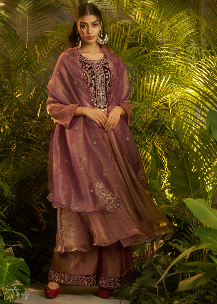 Purple Zardozi Organza Kalidar Kurta Palazzo Suit