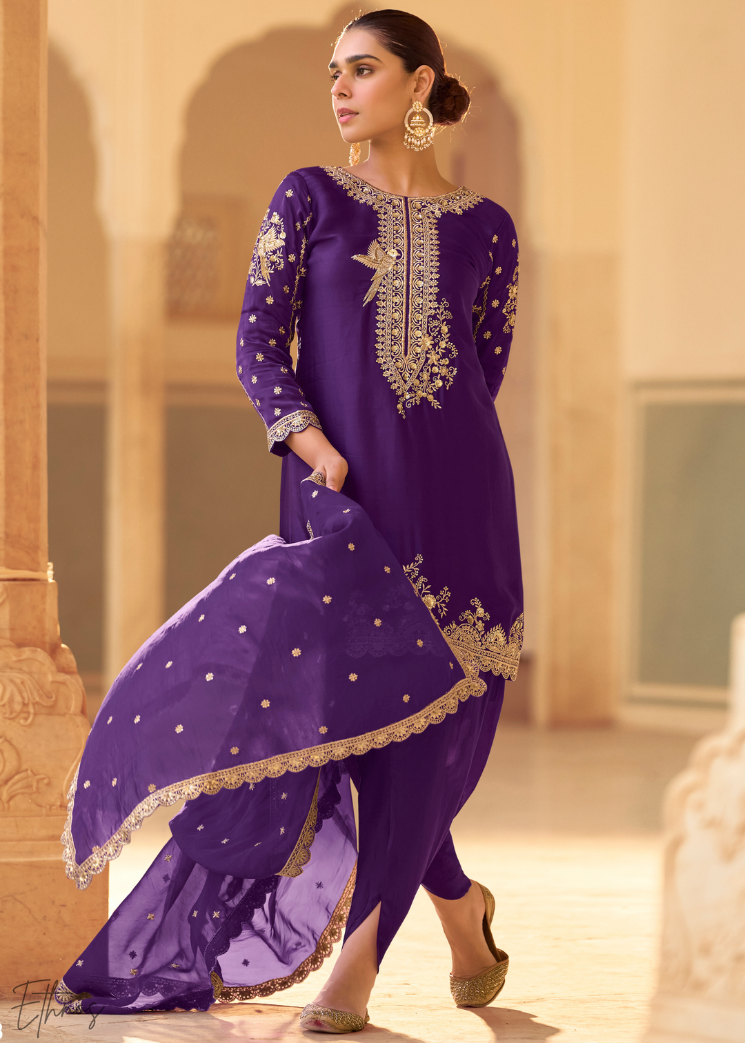 Purple Crepe Silk Dhoti Suit