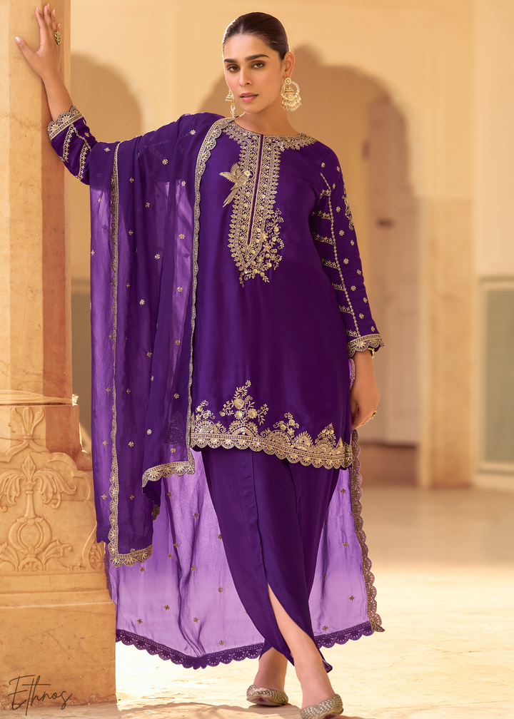 Purple Crepe Silk Dhoti Suit