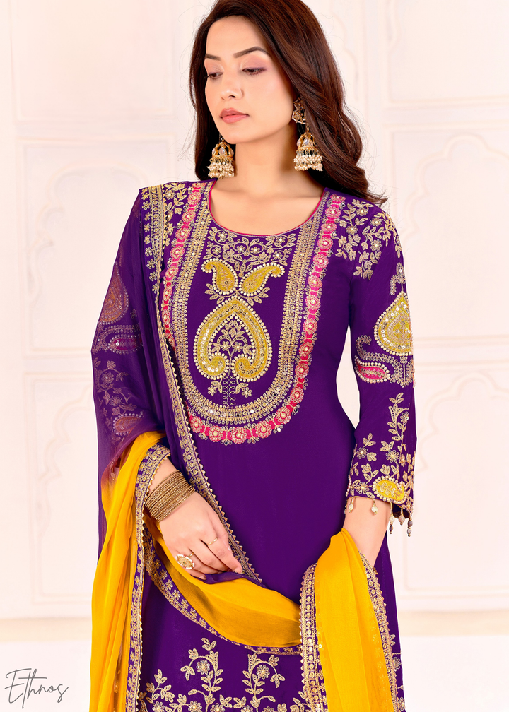 Purple Embroidered Chinon Palazzo Suit