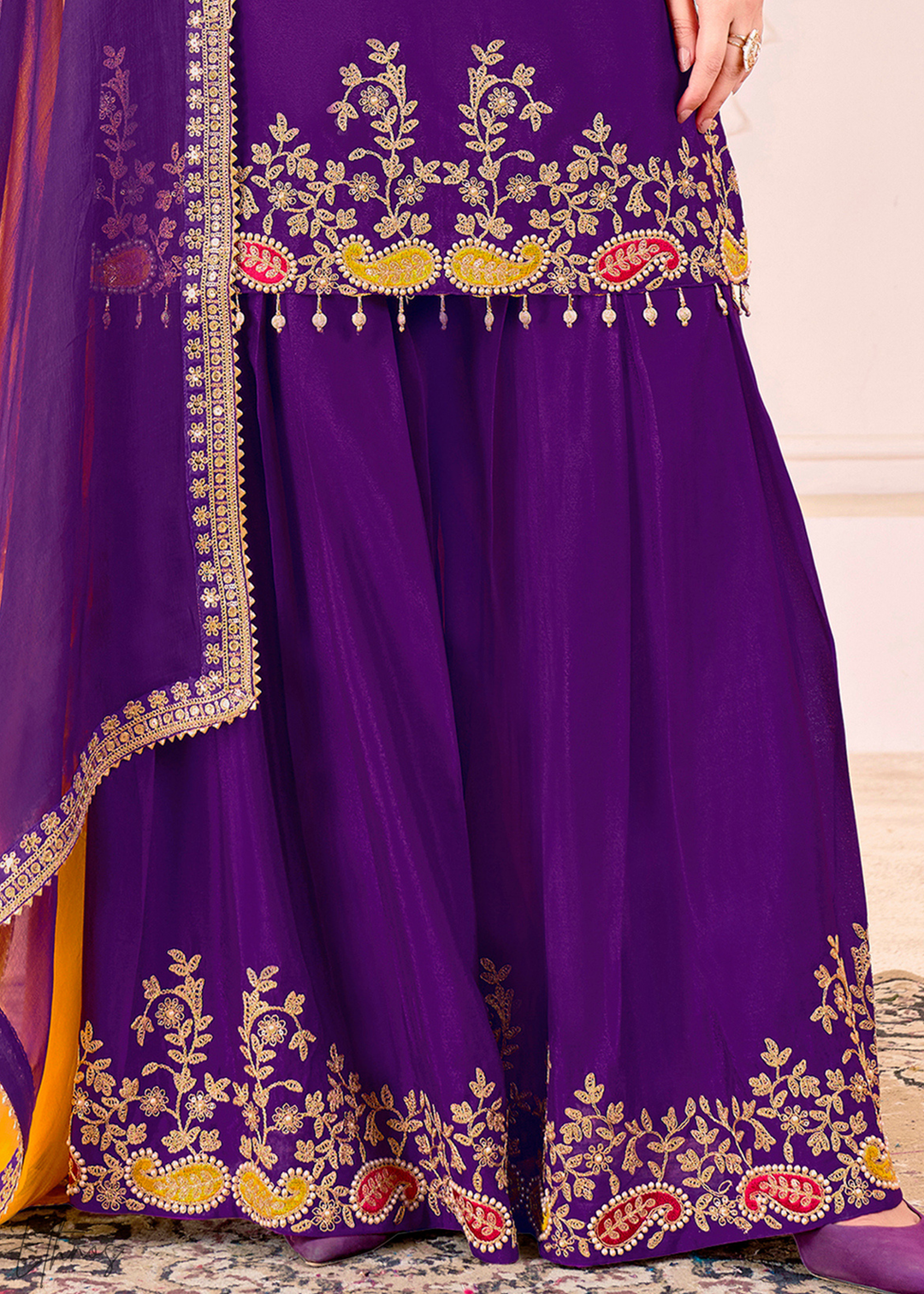Purple Embroidered Chinon Palazzo Suit