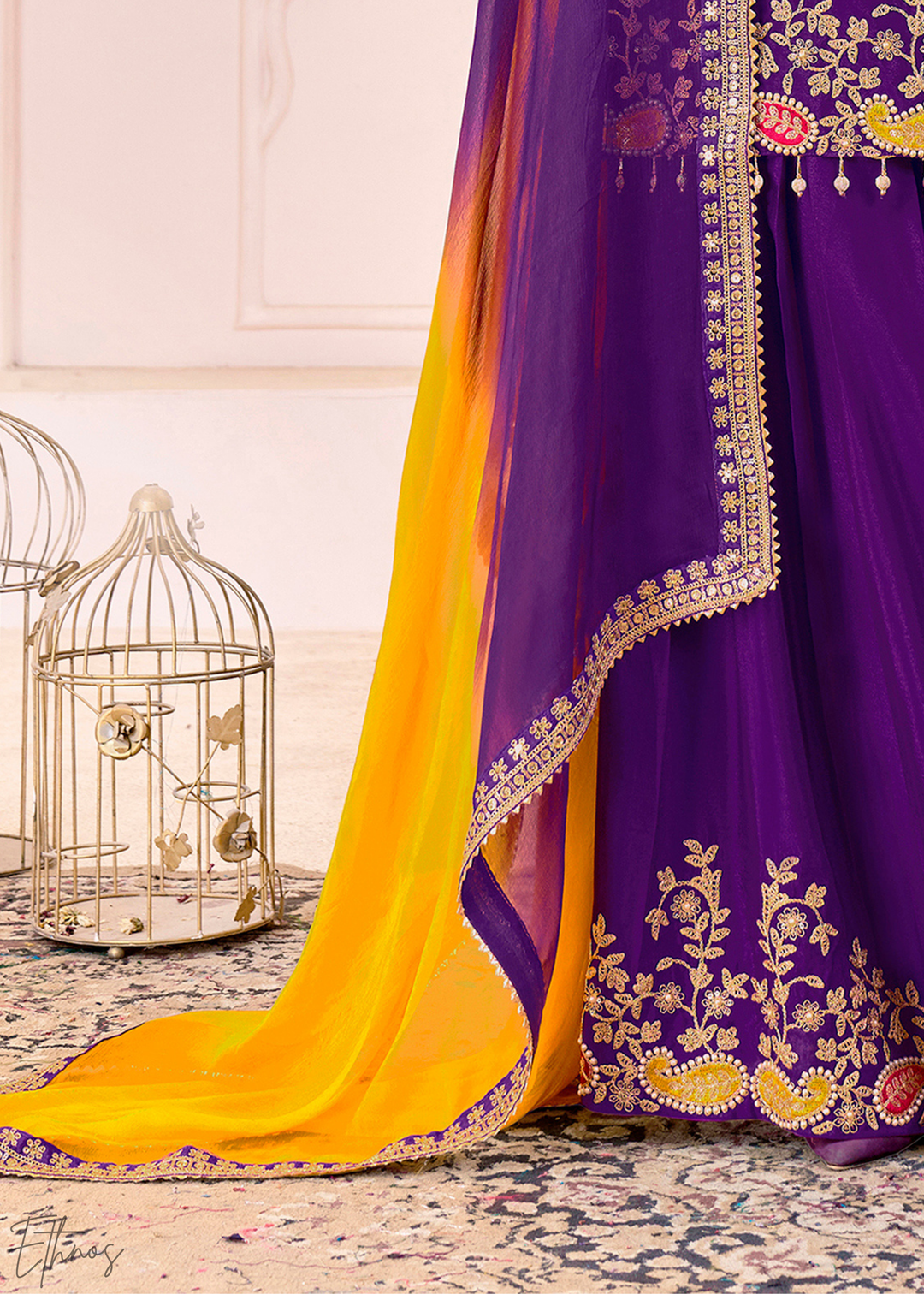 Purple Embroidered Chinon Palazzo Suit