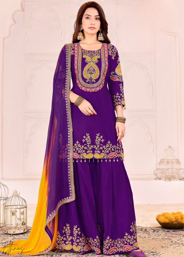 Purple Embroidered Chinon Palazzo Suit