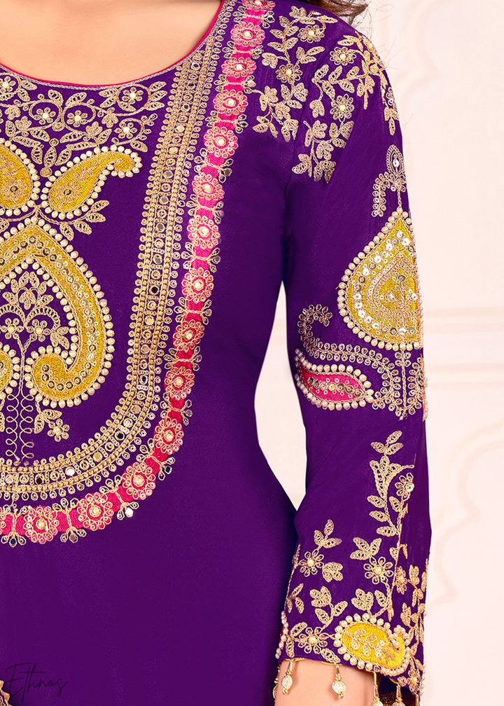 Purple Embroidered Chinon Palazzo Suit