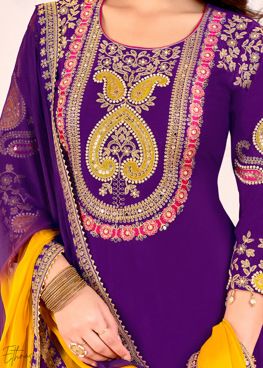 Purple Embroidered Chinon Palazzo Suit