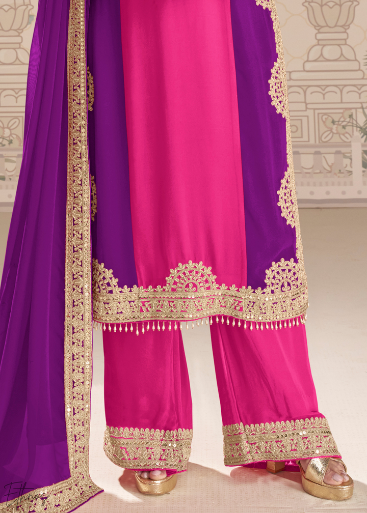 Purple & Pink Panelled Georgette Palazzo Suit