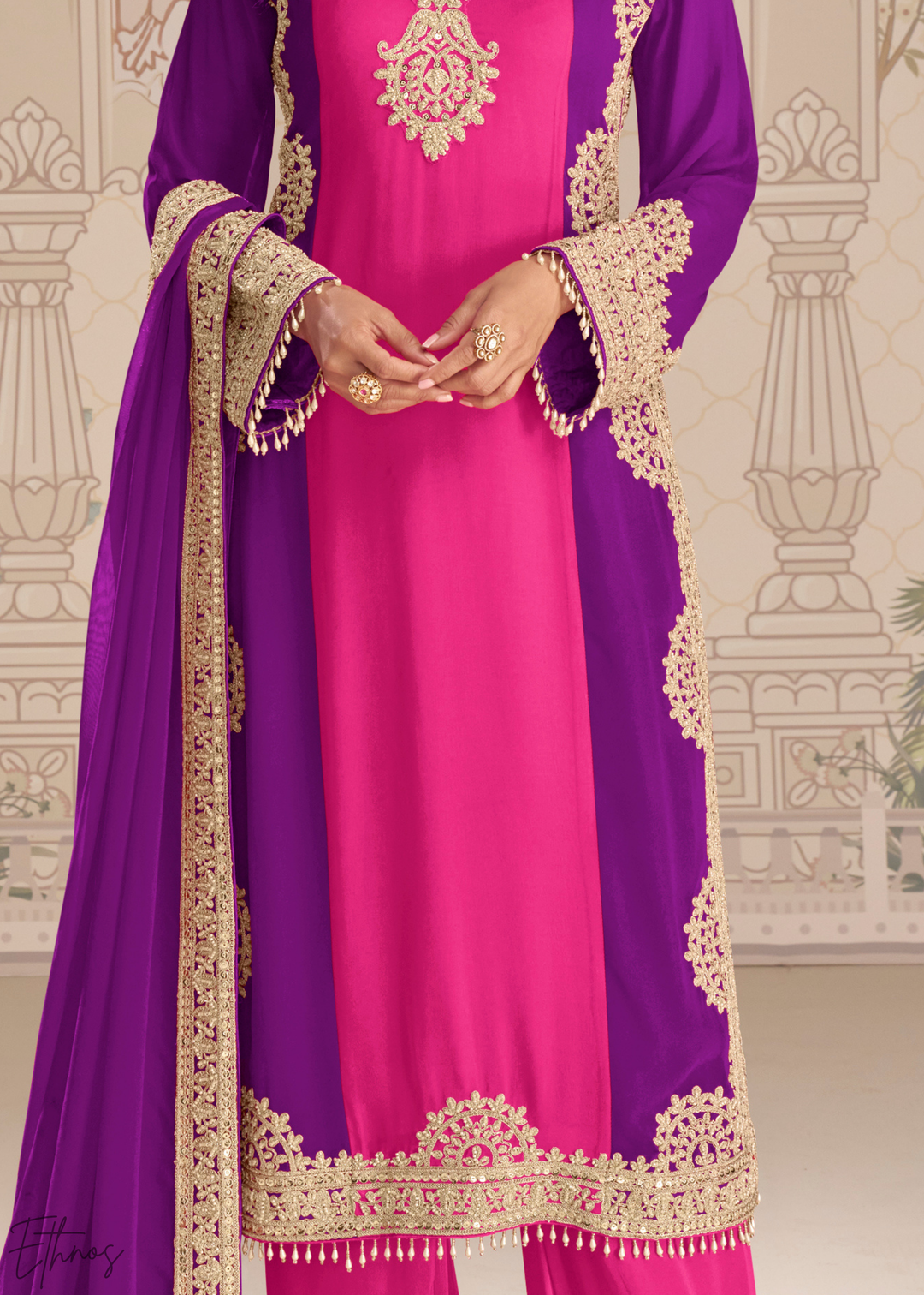 Purple & Pink Panelled Georgette Palazzo Suit