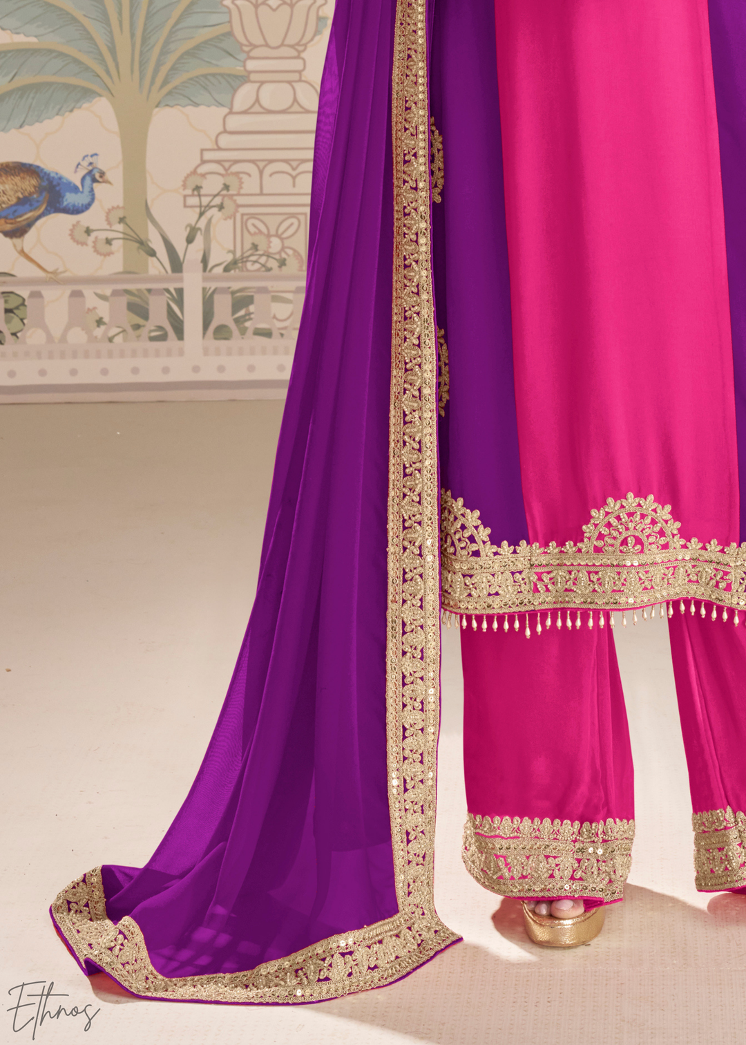 Purple & Pink Panelled Georgette Palazzo Suit