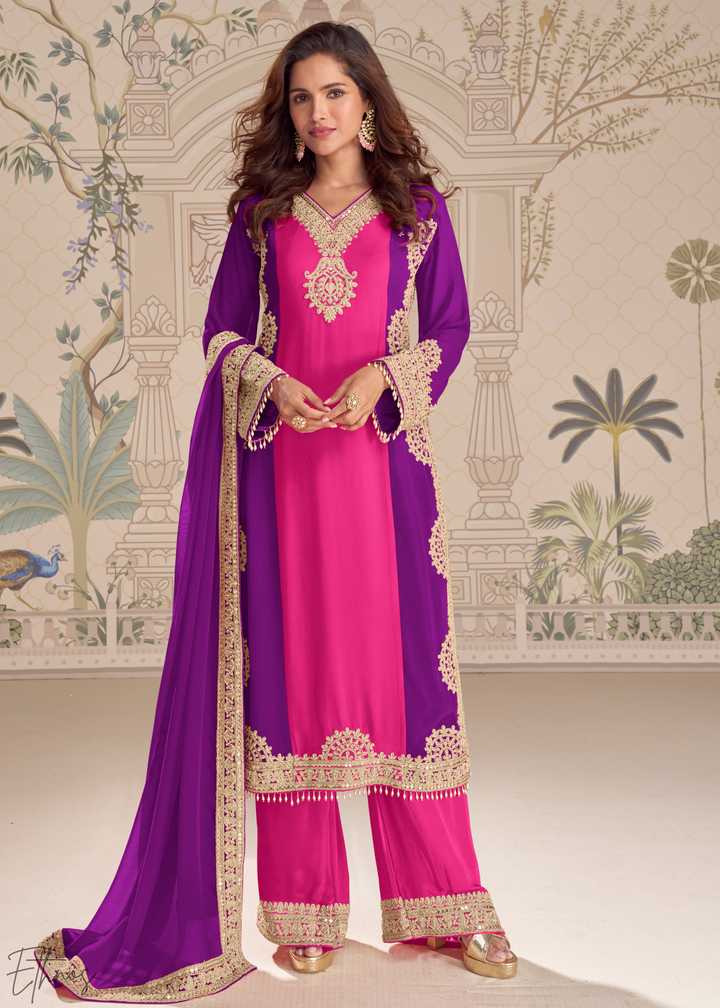 Purple & Pink Panelled Georgette Palazzo Suit