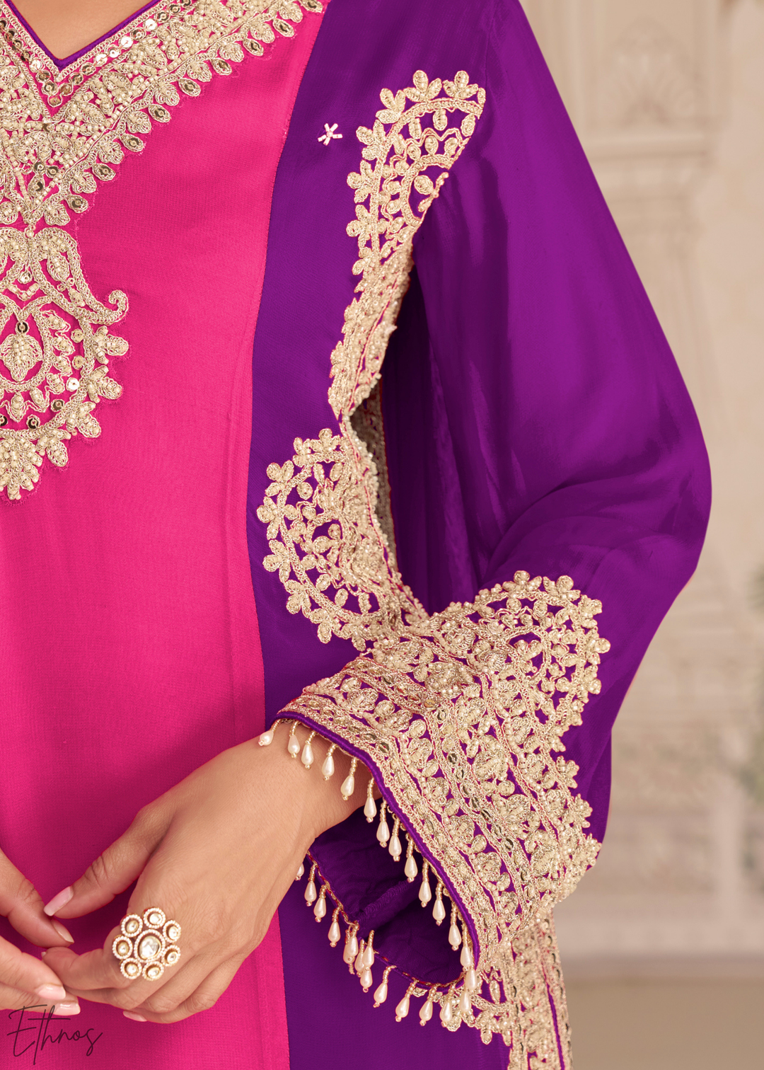 Purple & Pink Panelled Georgette Palazzo Suit