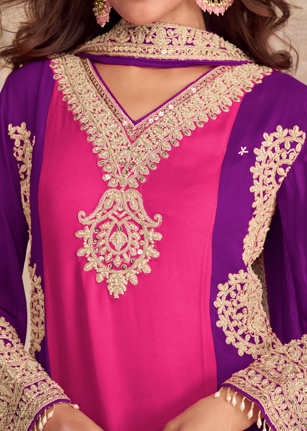 Purple & Pink Panelled Georgette Palazzo Suit