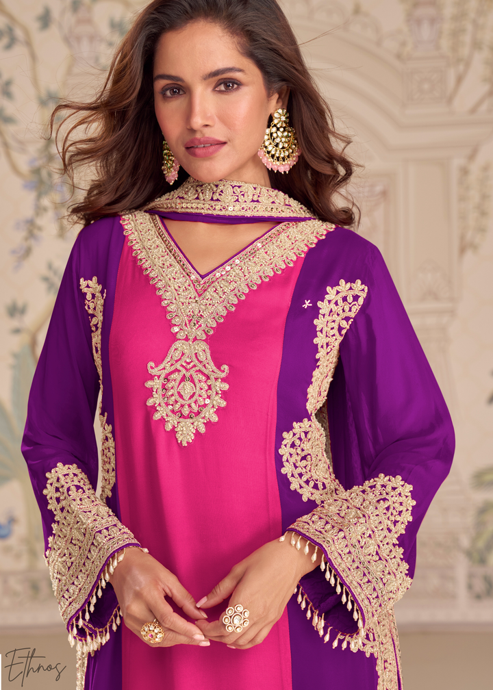 Purple & Pink Panelled Georgette Palazzo Suit