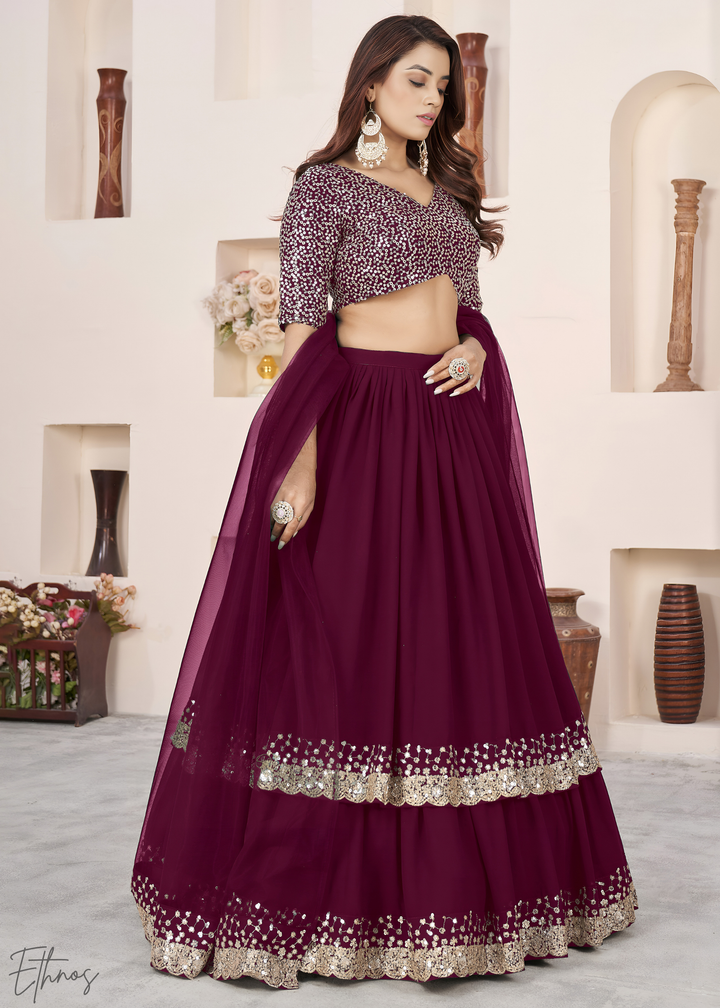 Wine Purple Sequins Georgette Lehenga