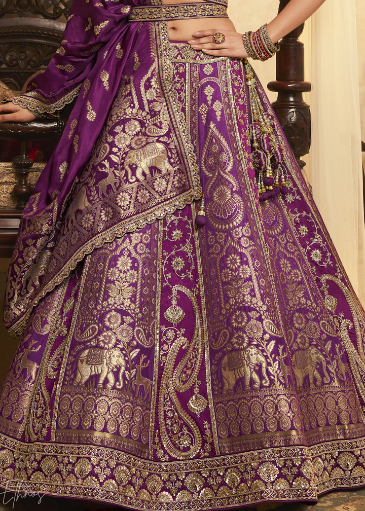 Purple Zari Embroidered Banarasi Silk Lehenga