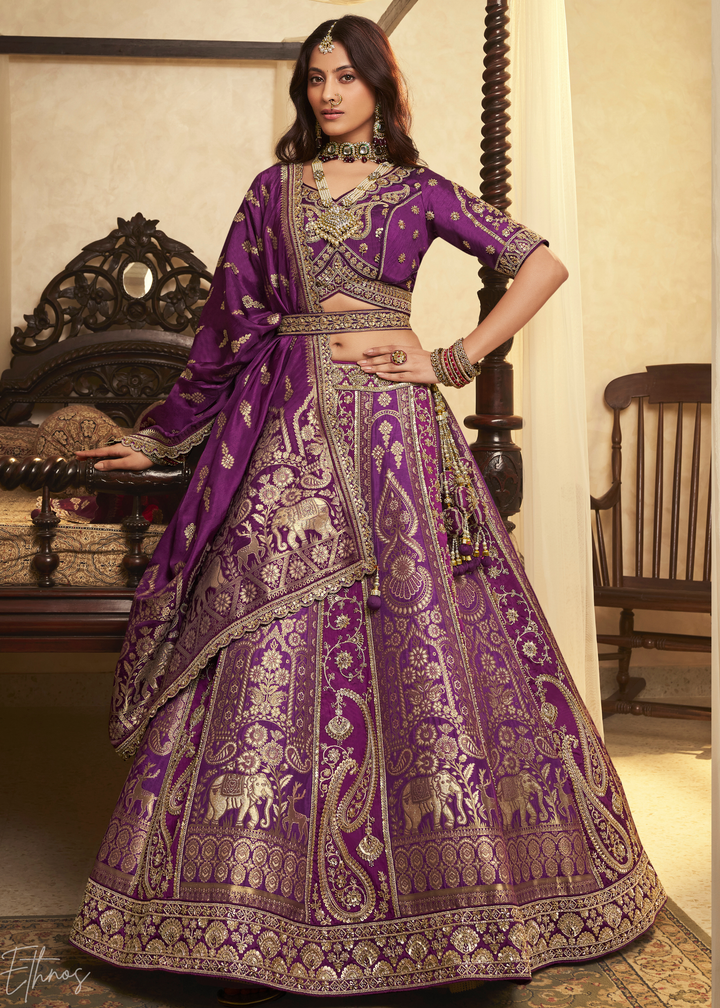 Purple Zari Embroidered Banarasi Silk Lehenga