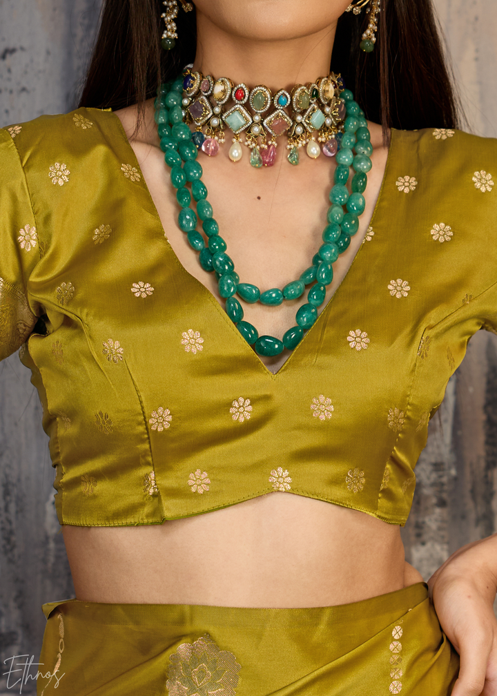 Pyrite Gold Floral Woven Satin Saree