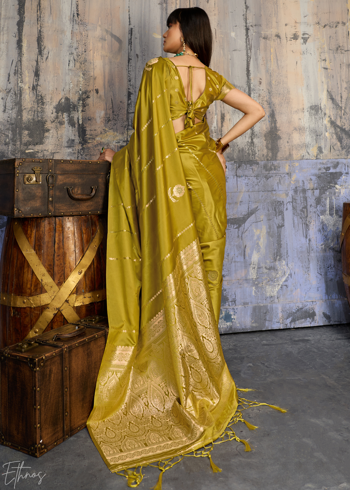 Pyrite Gold Floral Woven Satin Saree