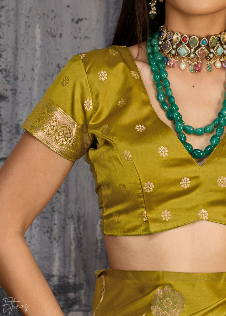 Pyrite Gold Floral Woven Satin Saree
