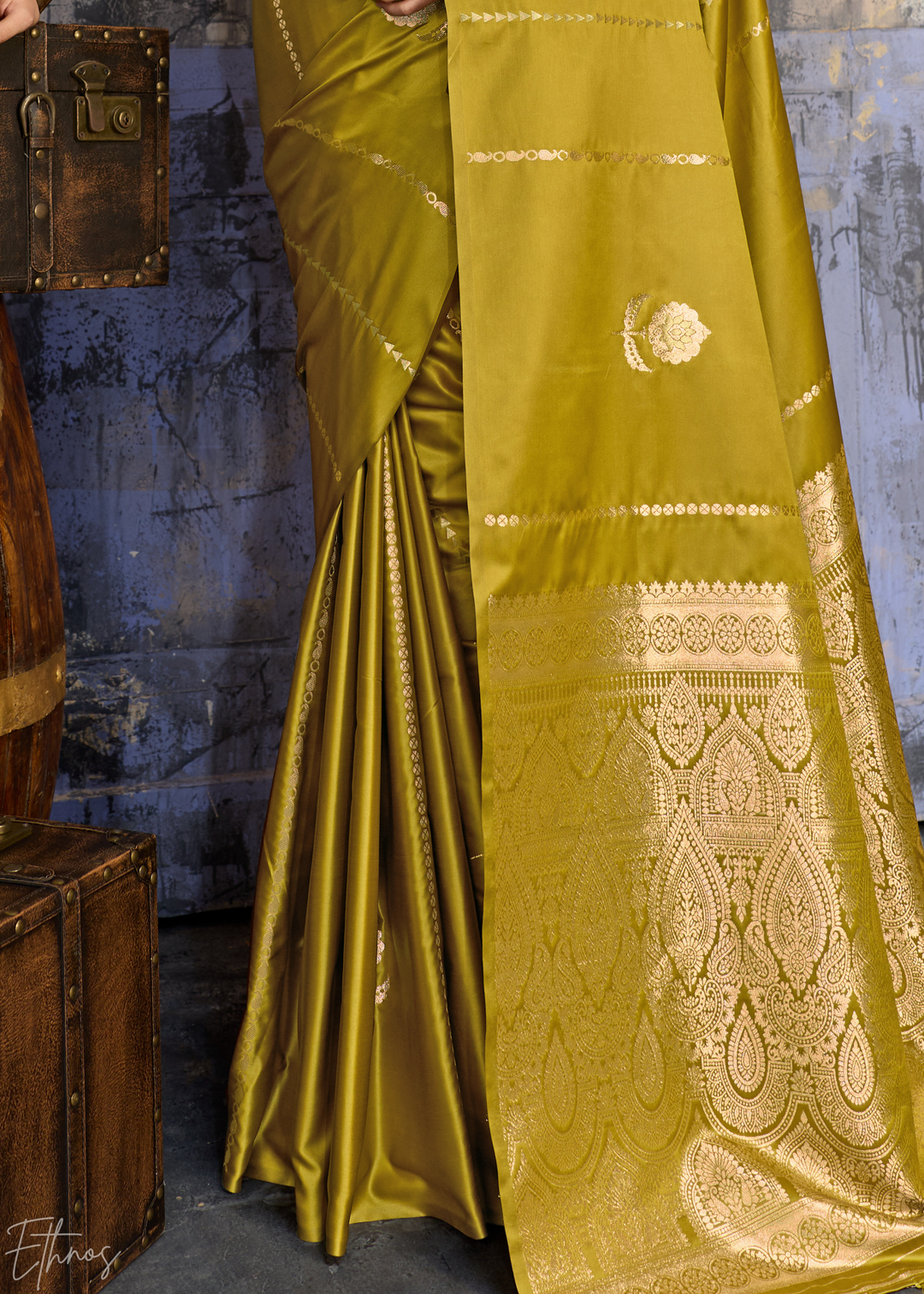 Pyrite Gold Floral Woven Satin Saree