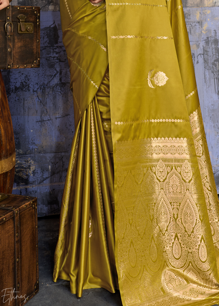 Pyrite Gold Floral Woven Satin Saree