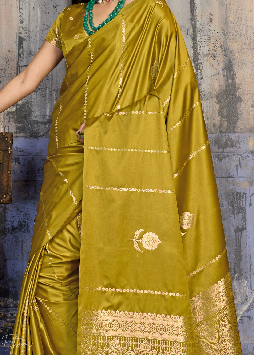Pyrite Gold Floral Woven Satin Saree