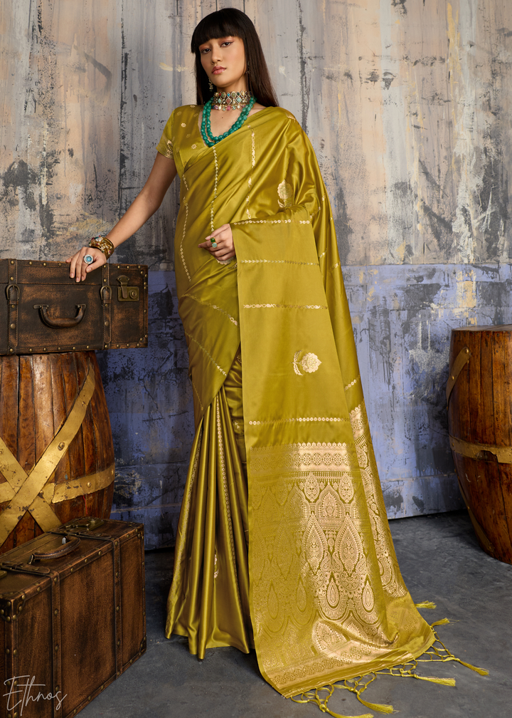 Pyrite Gold Floral Woven Satin Saree