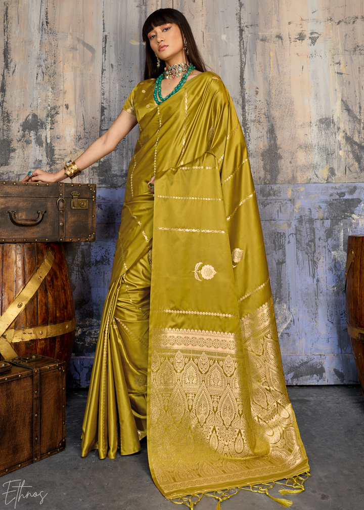 Pyrite Gold Floral Woven Satin Saree