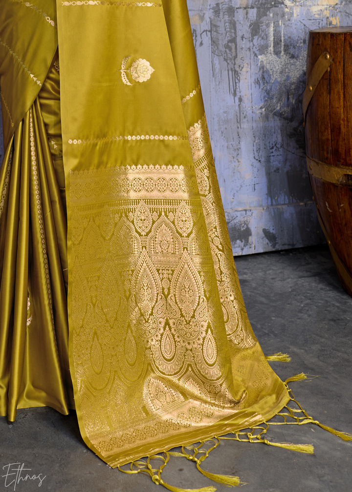 Pyrite Gold Floral Woven Satin Saree