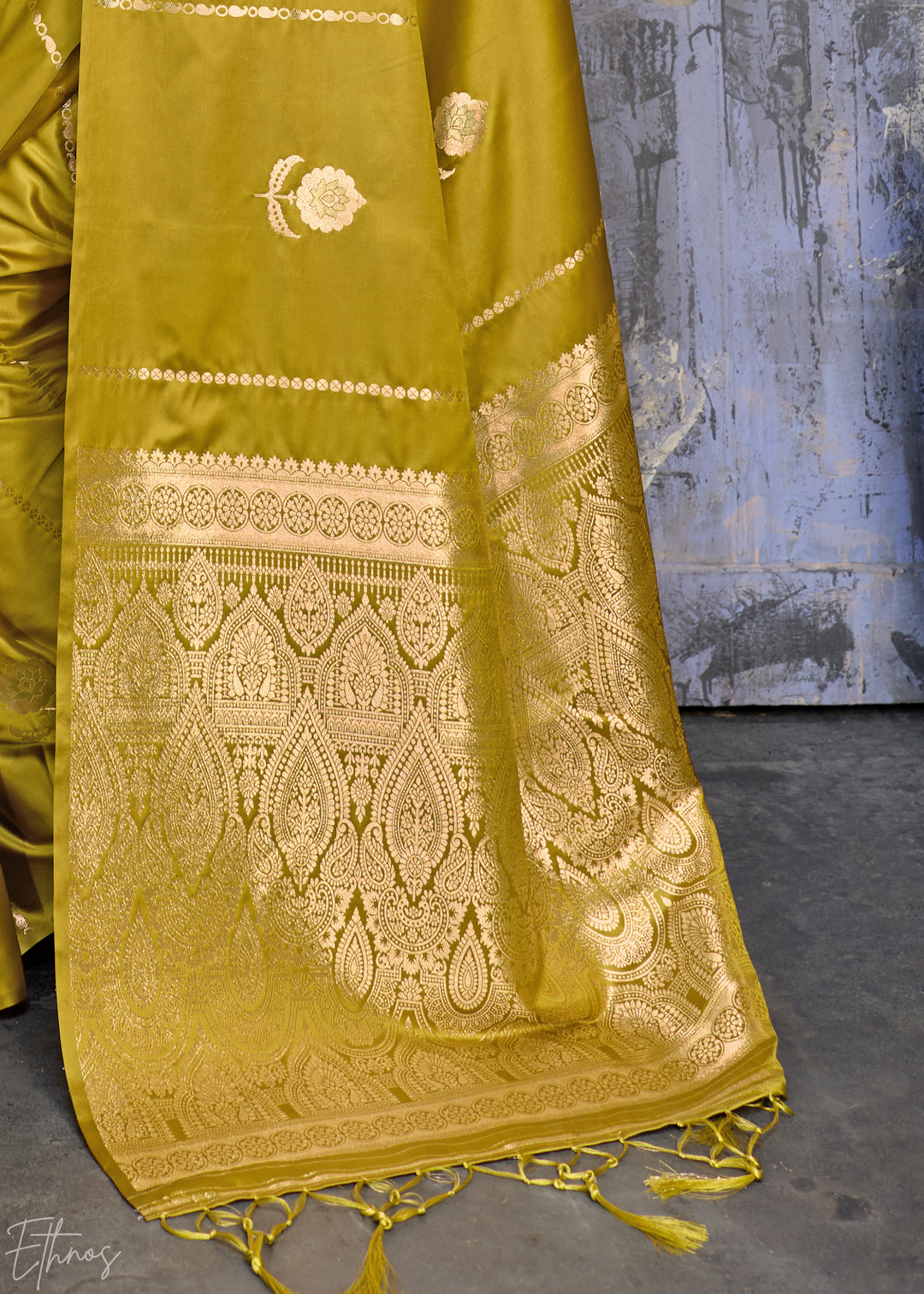 Pyrite Gold Floral Woven Satin Saree