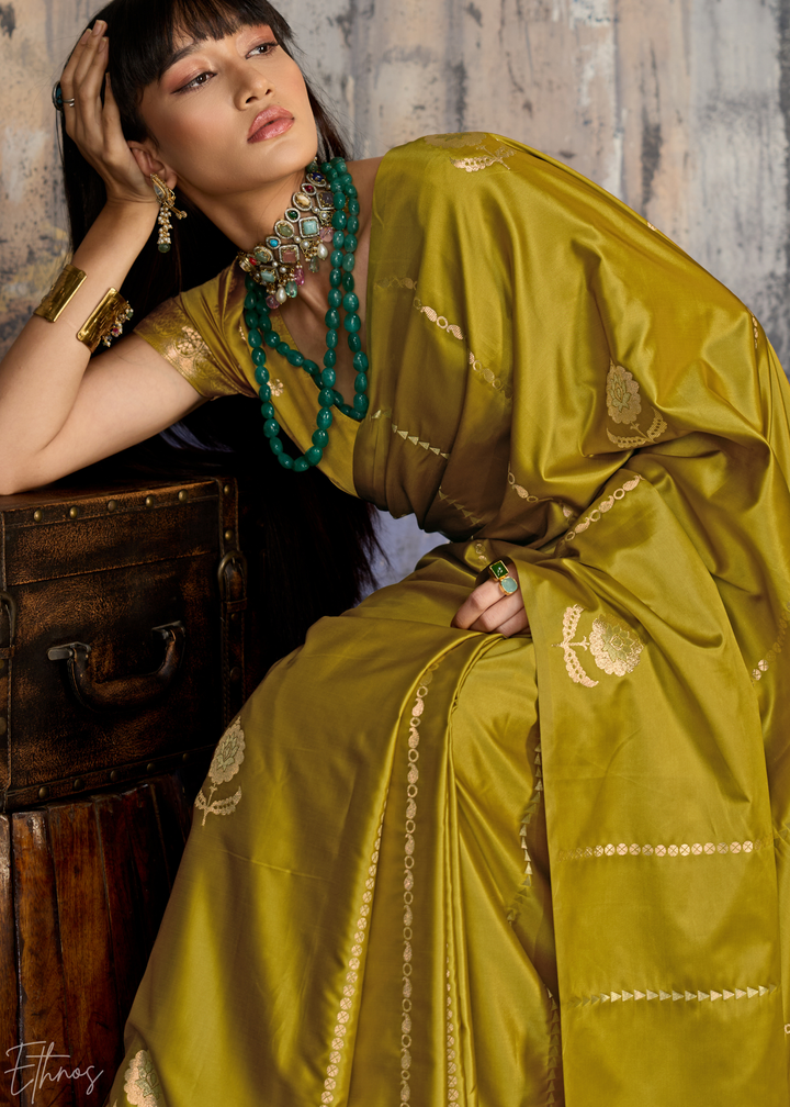 Pyrite Gold Floral Woven Satin Saree