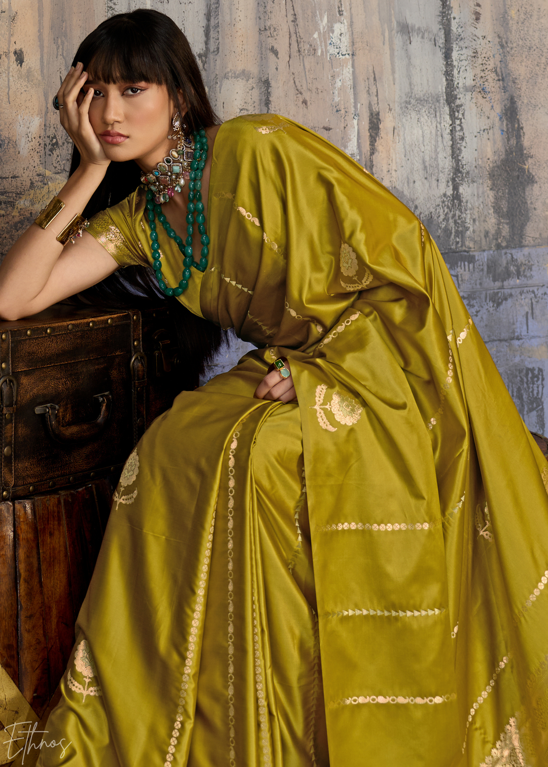 Pyrite Gold Floral Woven Satin Saree