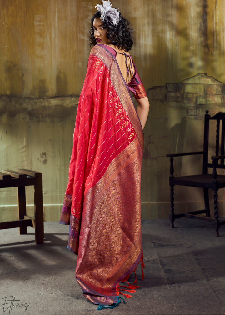 Radiant Scarlet Copper Pochampally Ikkat Silk Saree
