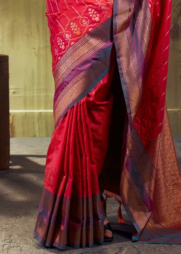 Radiant Scarlet Copper Pochampally Ikkat Silk Saree