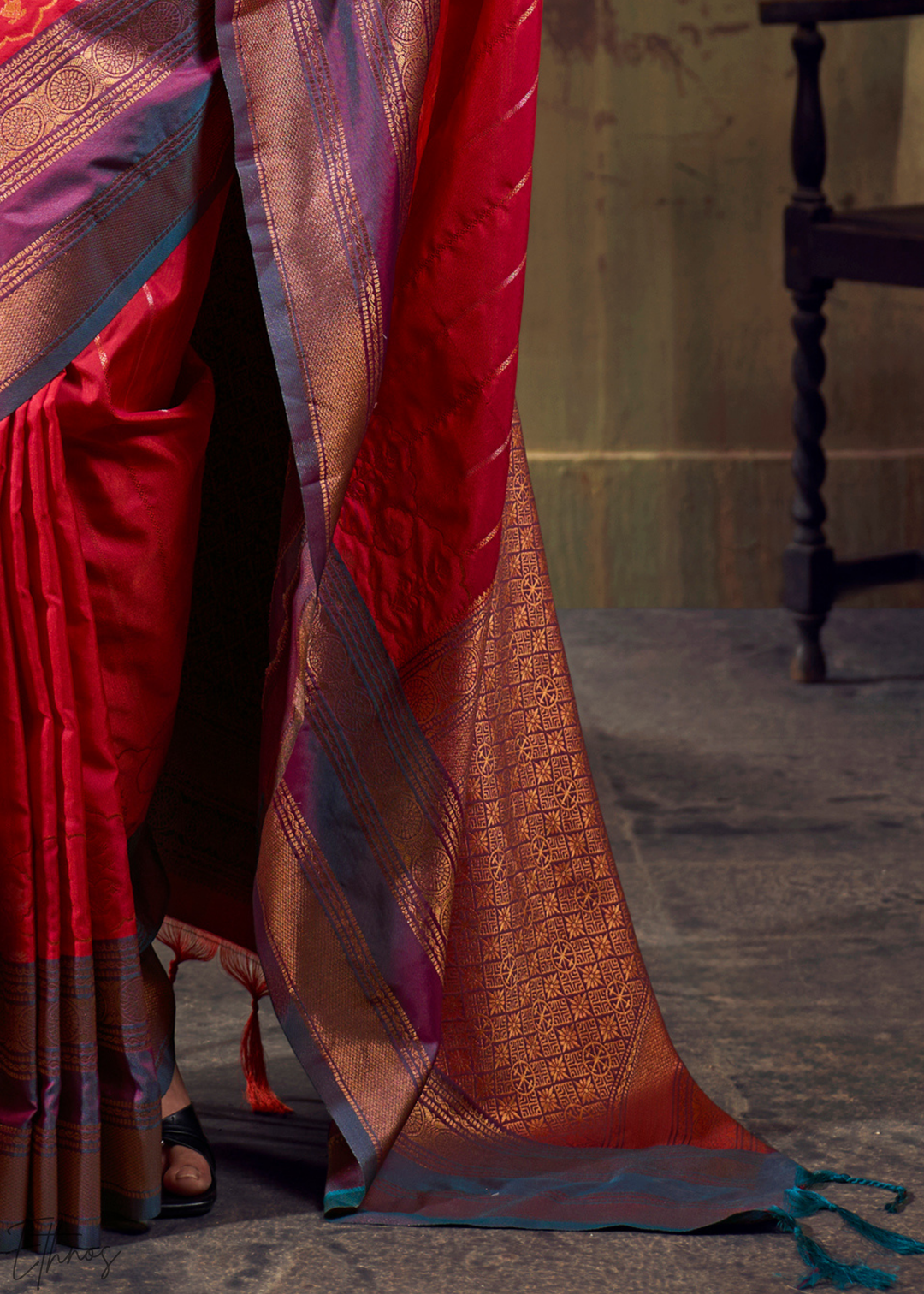 Radiant Scarlet Copper Pochampally Ikkat Silk Saree