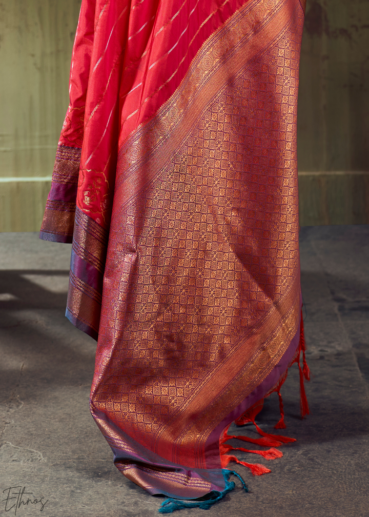 Radiant Scarlet Copper Pochampally Ikkat Silk Saree